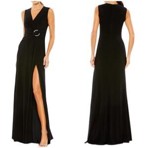 Mac Duggal NWT Draped Side Knot Jersey Gown Rhinestone Ring Black Size 10